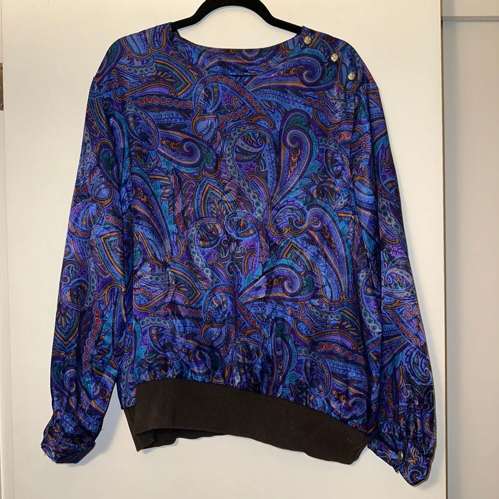 Notations Women’s 20W Vintage Long Sleeve Blouse Blue Purple Paisley EUC